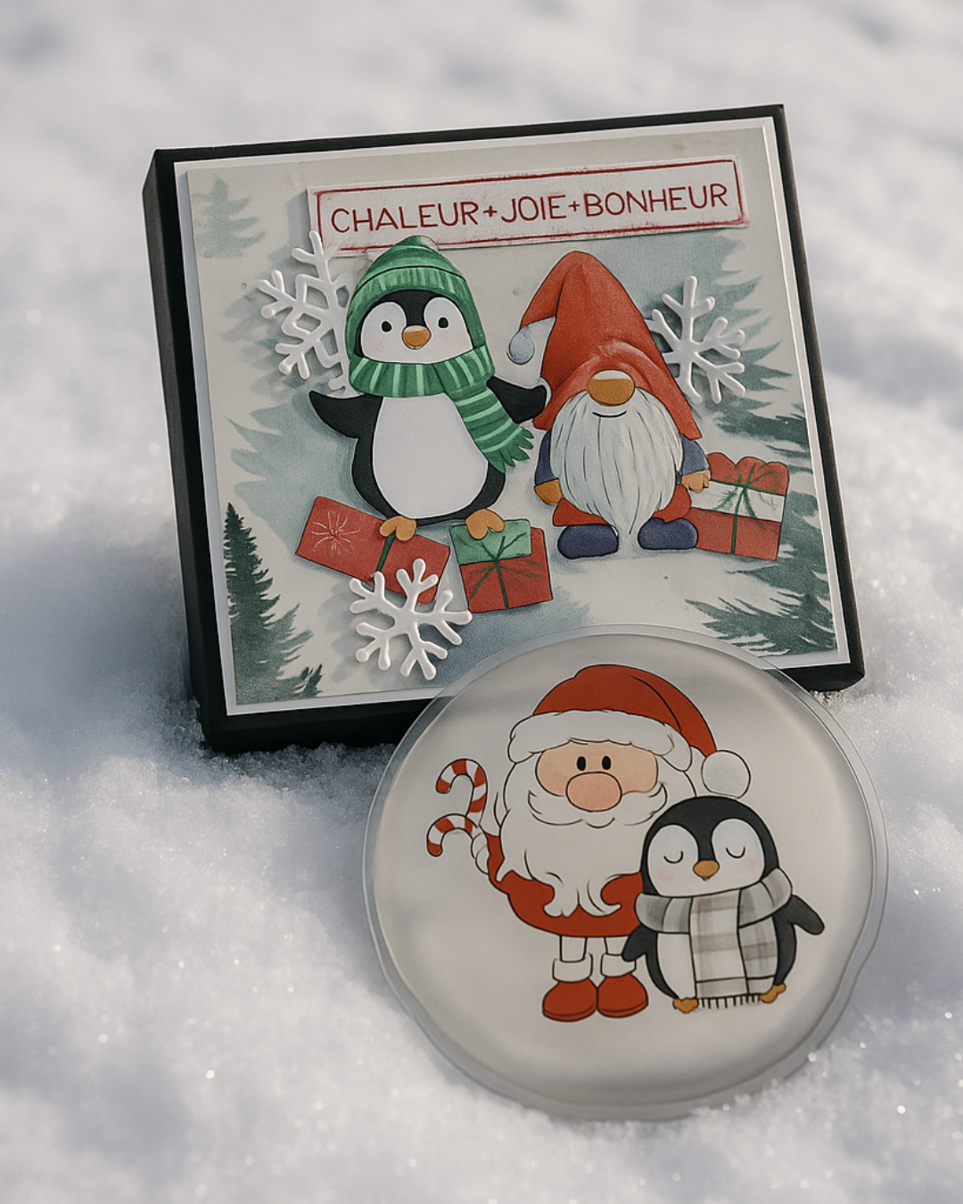 Coffret Chaufferette main - Motif Pere Noel Pingouin
